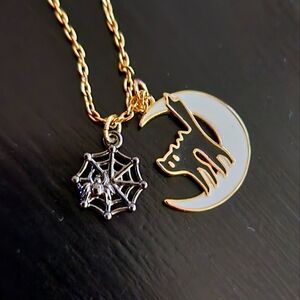 Rae Dunn spooky cat moon spider web necklace in yellow gold